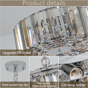 17' Chrome Crystal Pendant Chandelier, Modern Hanging Light Fixture with Adjustable Height, 4-Light E26 Base for Living Room, Dining Room, or Kitchen (No Bulbs)