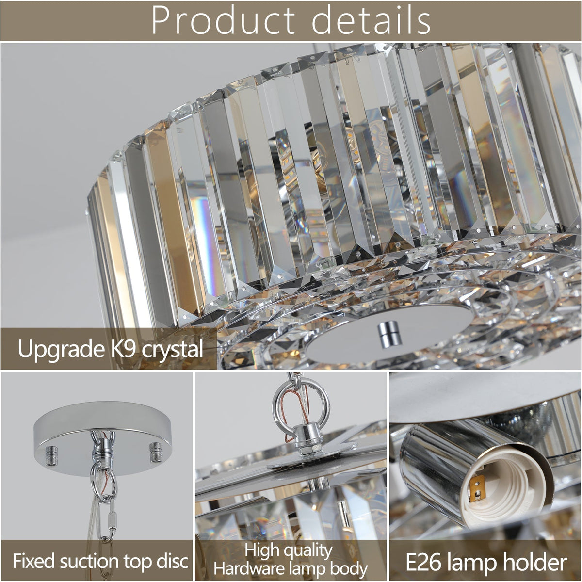 17' Chrome Crystal Pendant Chandelier, Modern Hanging Light Fixture with Adjustable Height, 4-Light E26 Base for Living Room, Dining Room, or Kitchen (No Bulbs)