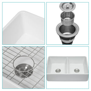 Double Bowl Apron Front Kitchen Sink 32", Sturdy And With Scratch Resistant - White