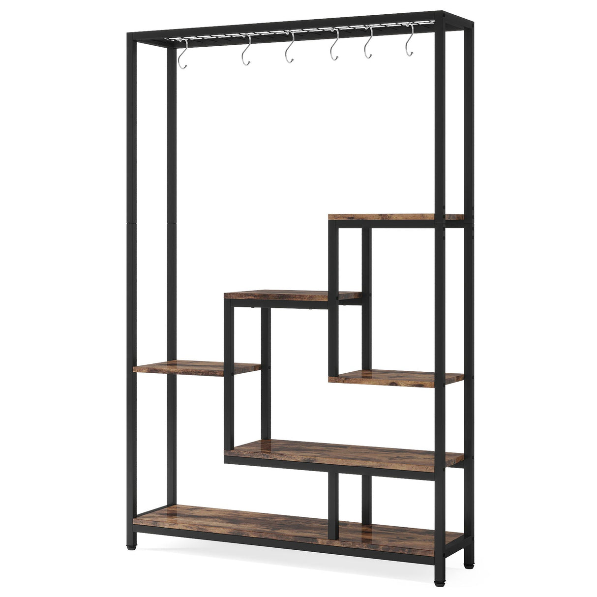 5 Tier Plant Stand with 6 Hooks for Living Room - Brown / Black