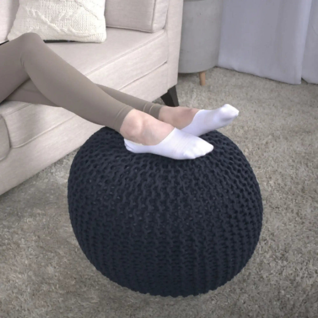 Bordeaux Knitted Cotton Round Pouf Ottoman Floor Cushion