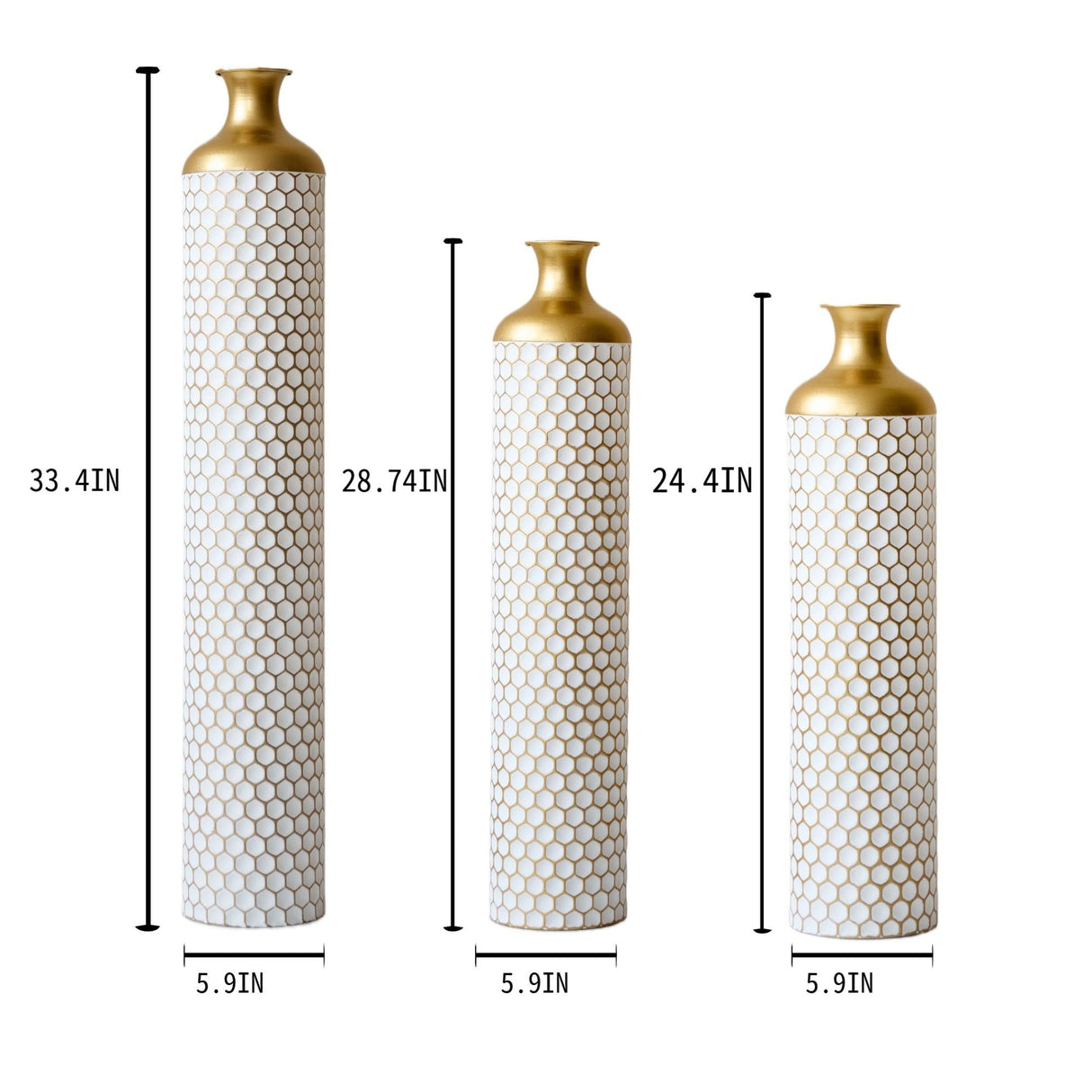 3 Piece Large Glazed Floor Vase Set - Gold and White