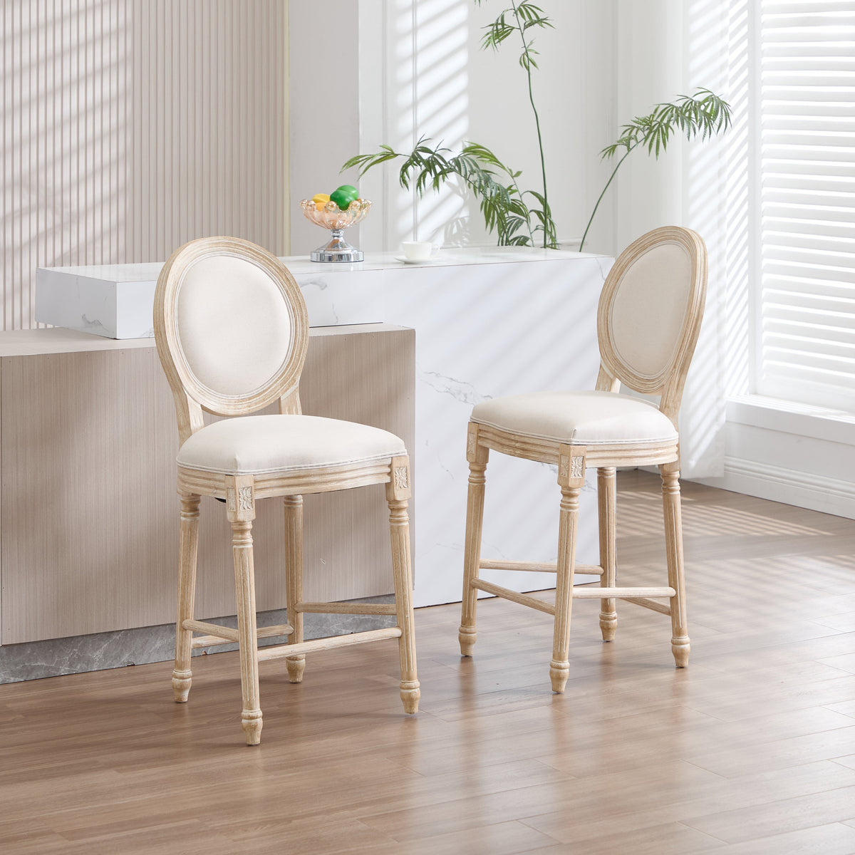 French Country 26'' Height Bar Chairs with Beige Linen Upholstery - Set of 2
