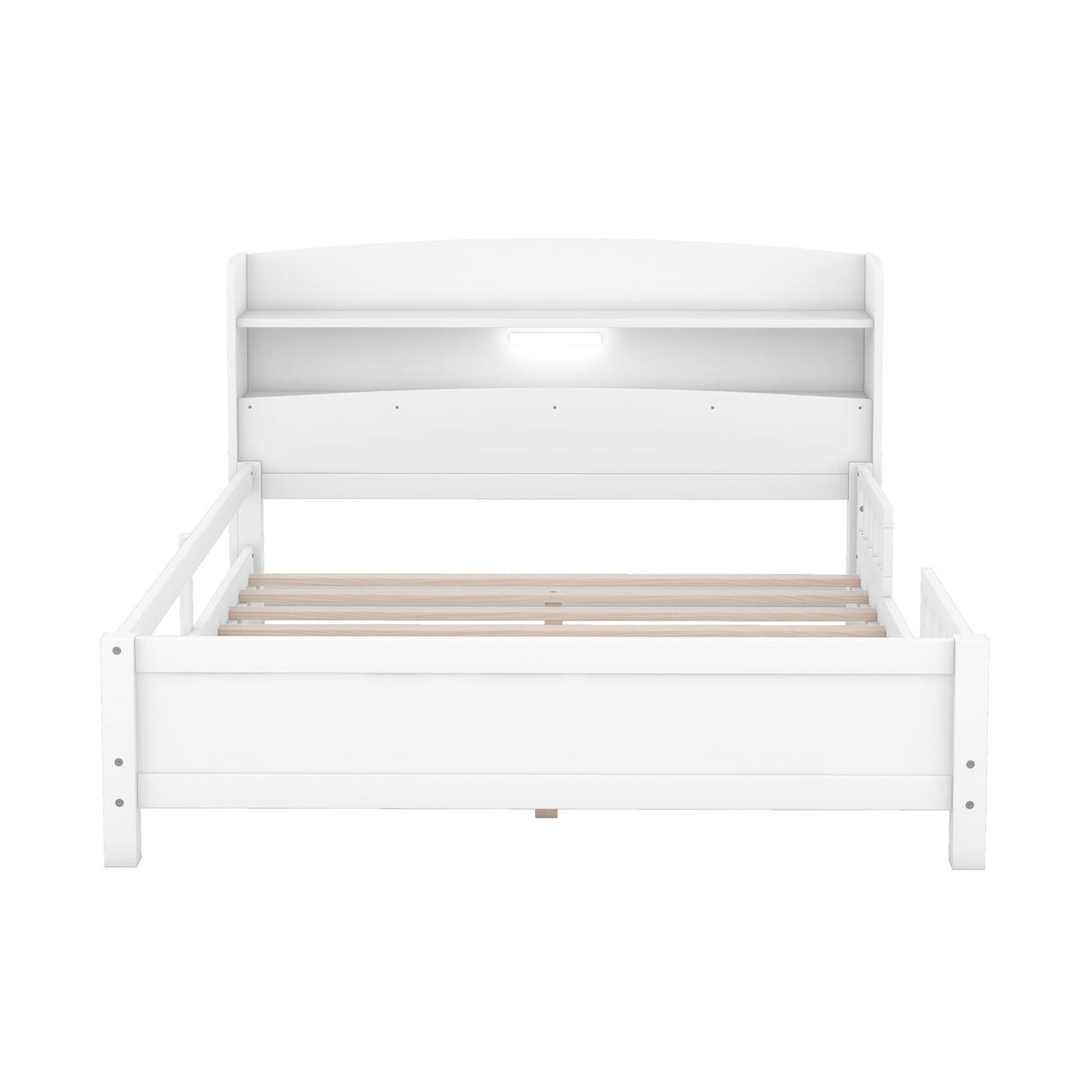 Wood Platform Bed With Built In LED Light, Storage Headboard And Guardrail