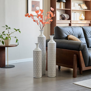 Modern Floor Vase Set – White & Black Metal Vases with Geometric Pattern – 3-Piece Home Decor Set in 24.8 in, 29.13 in & 33.85 in Heights