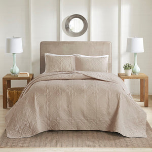 Reversible Bedspread Set with Quilted Medallion Design - Khaki
