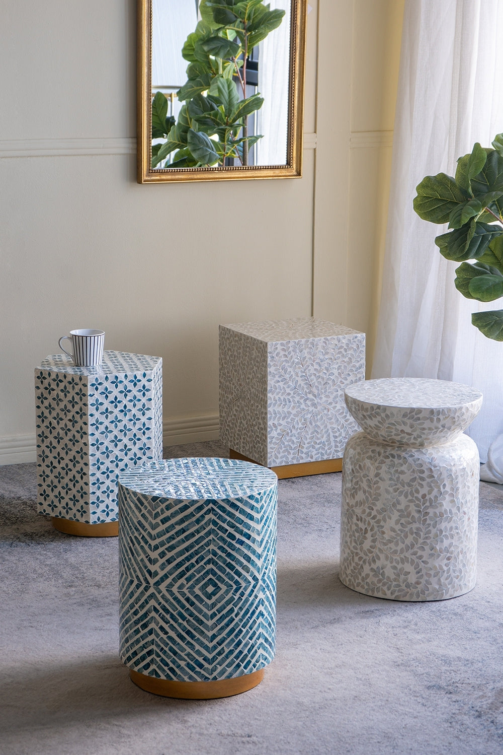 15x13x18.5" Hexagonal Accent Table with Blue Capiz Design and Gold Base
