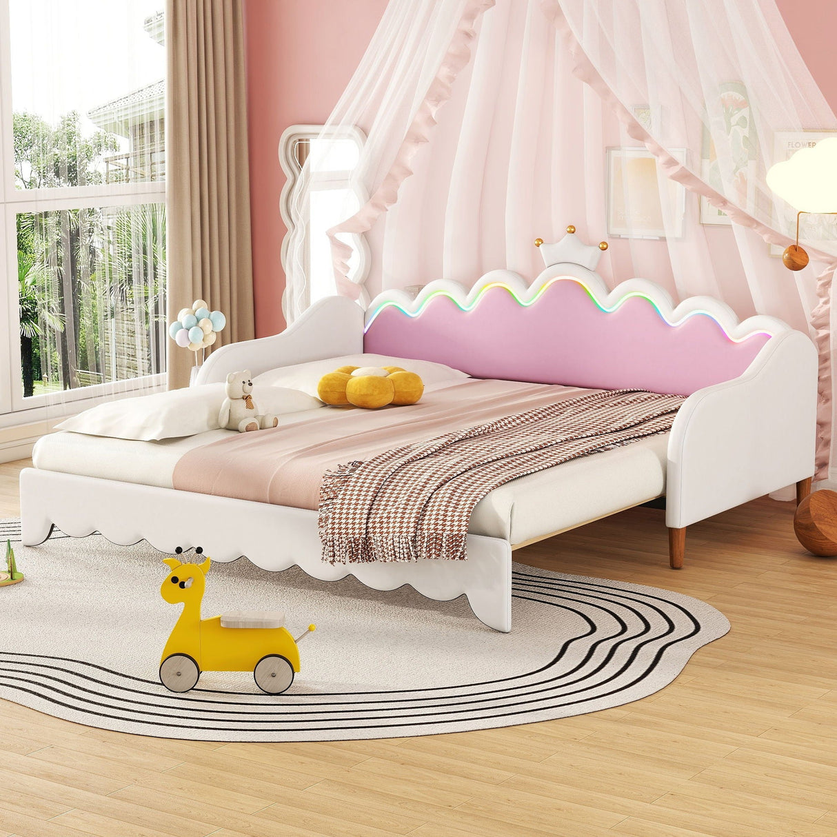 Extending Daybed With LED Lights, Modern Upholstered Princess Daybed With Crown Headboard