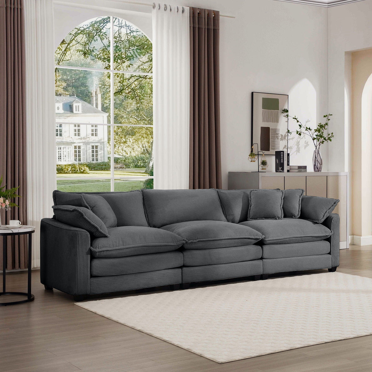 Mid-Century Modern 3 Seater Sectional Sofa with Arm and Throw Pillows - Fabric