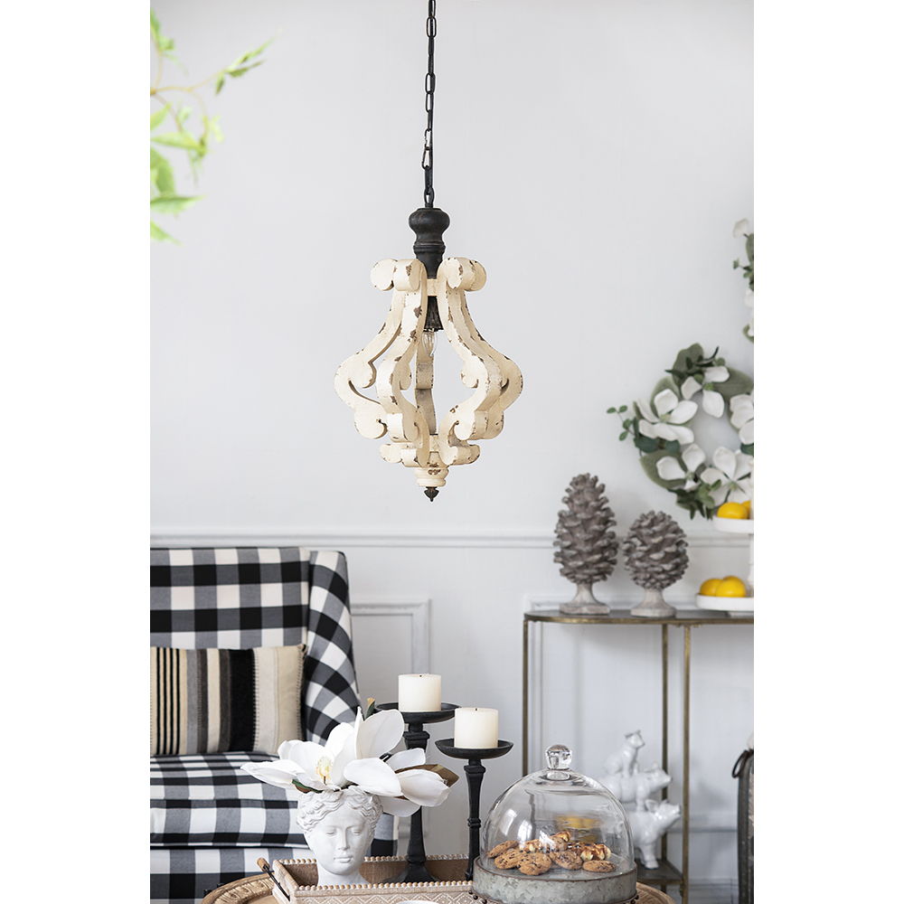 Farmhouse Chandeliar Distressed Pendant French Country Wood Chandelier For Living Room Foyer, Bulb Not Included - Antique Cream