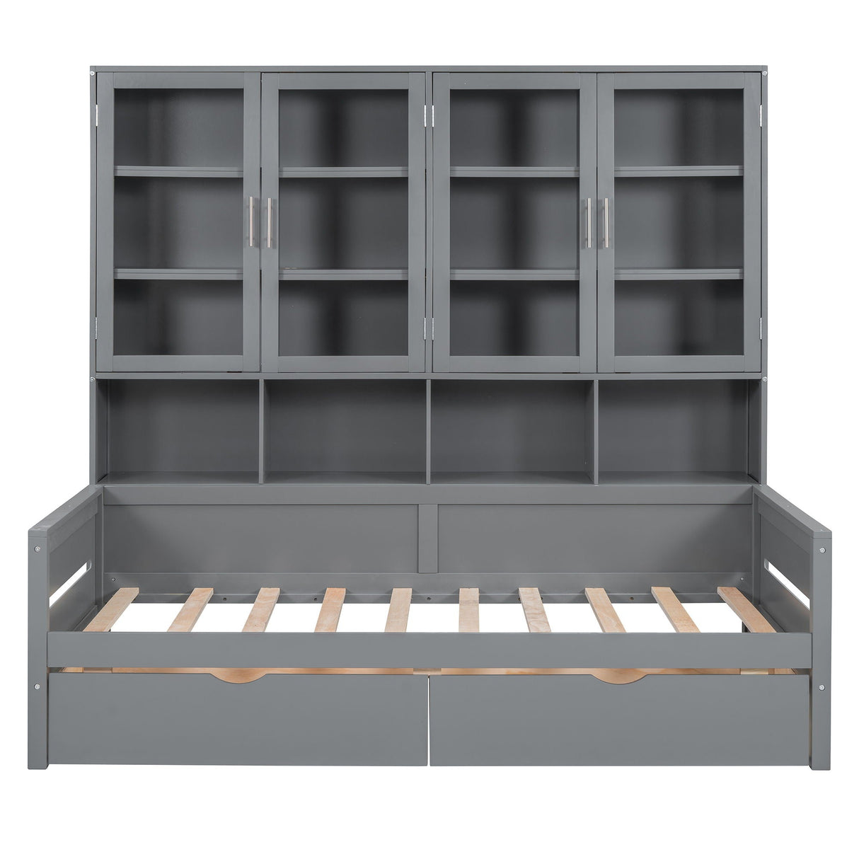 Daybed With Glass Door Storage Cabinets, Built In LED Lighting And Shelves
