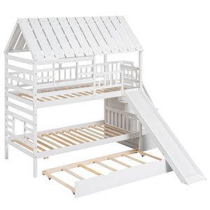 House Bunk Bed With Trundle, Storage Staircase, Roof And Window Design