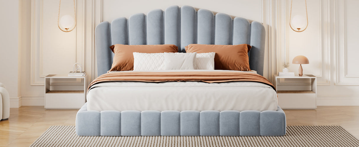 Velvet Upholstered Queen Bed with Shell-Shaped Headboard