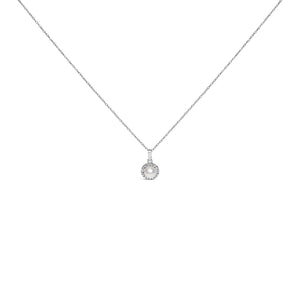 10K White Gold 5MM Cultured Pearl and Diamond Accent Halo Pendant Necklace