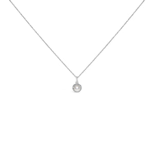 10K White Gold 5MM Cultured Pearl and Diamond Accent Halo Pendant Necklace