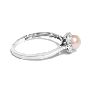 10K White Gold 5MM Cultured Freshwater Pearl  and Diamond Halo Ring (I-J Color, I1-I2 Clarity) - Ring Size 6.5