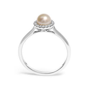 10K White Gold 5MM Cultured Freshwater Pearl  and Diamond Halo Ring (I-J Color, I1-I2 Clarity)