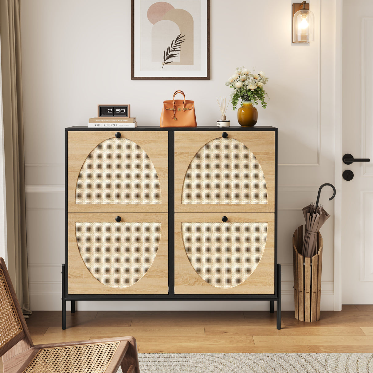Space-Saving Rattan Shoe Cabinet with 4 Flip-Down Doors