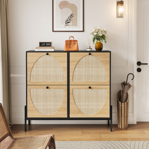 Space-Saving Rattan Shoe Cabinet with 4 Flip-Down Doors