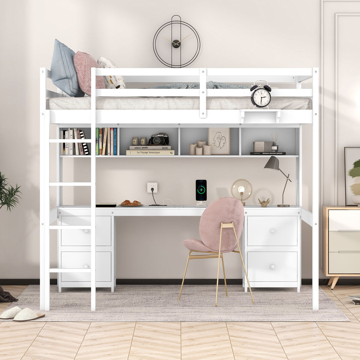 Loft Bed With Desk, Cabinets, Drawers, Charging Station And Bedside Tray