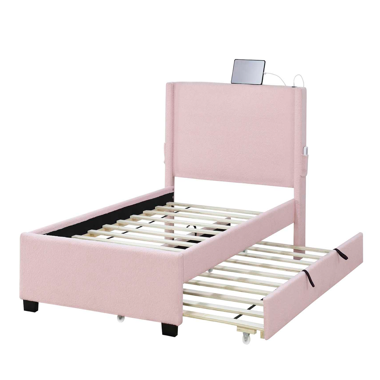 Twin Size Pink Upholstered Bed with Trundle – Teddy Fabric, USB Charging Port, and Headboard Storage Pocket