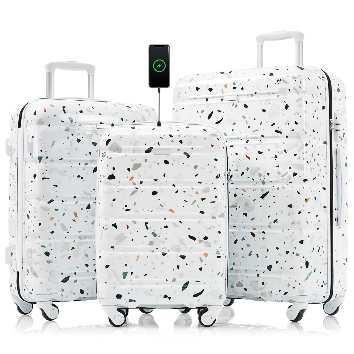 Luggage Set of 3, 20-inch with USB Port, Airline Certified Carry-on Luggage  , ABS+PC Hard Shell Luggage with Spinner Wheels,starry sky white