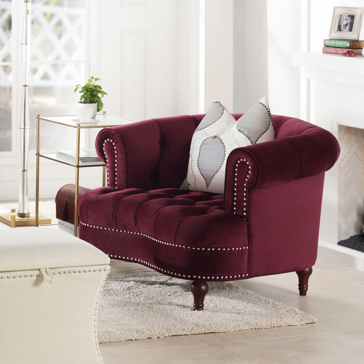 Victorian Tufted Upholstered Accent Chair with Nailhead Trim - Dark Red, Blue, or Pink