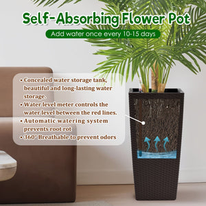 Pack of 2 Brown 22-Inch Faux Rattan Square Planters with Automatic Watering System
