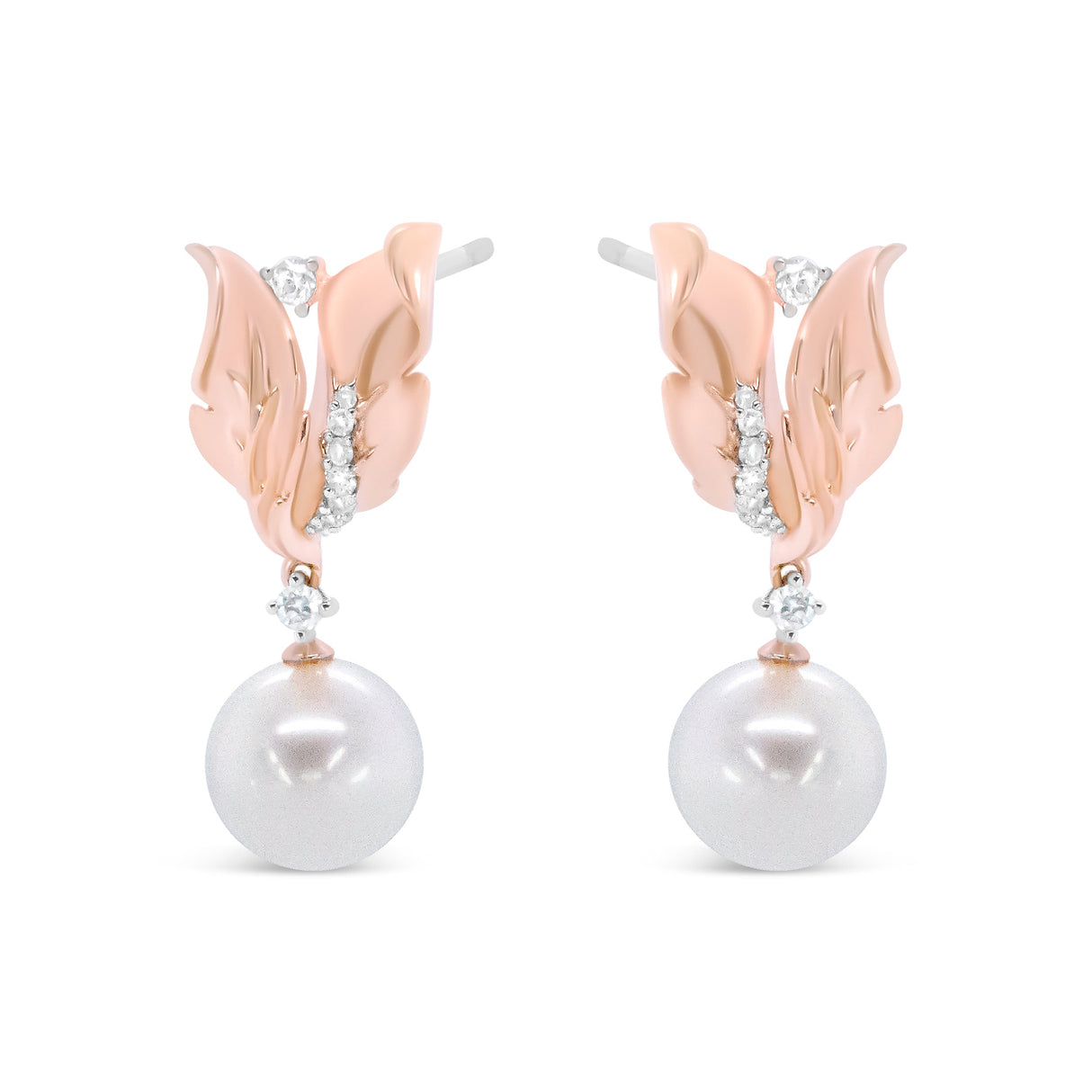 14K Rose Gold 1/6 Cttw Round Diamond and 8mm Round Pearl Floral Drop Stud Earrings (H-I Color, I1-I2 Clarity)