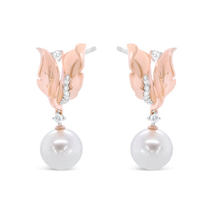 14K Rose Gold 1/6 Cttw Round Diamond and 8mm Round Pearl Floral Drop Stud Earrings (H-I Color, I1-I2 Clarity)