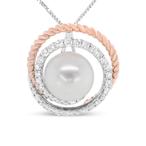 14K Rose and White Gold 3/8 Cttw Pave Diamond and 9mm Round Pearl Spiral Openwork 18" Pendant Necklace- (H-I Color, VS1-VS2 Clarity)