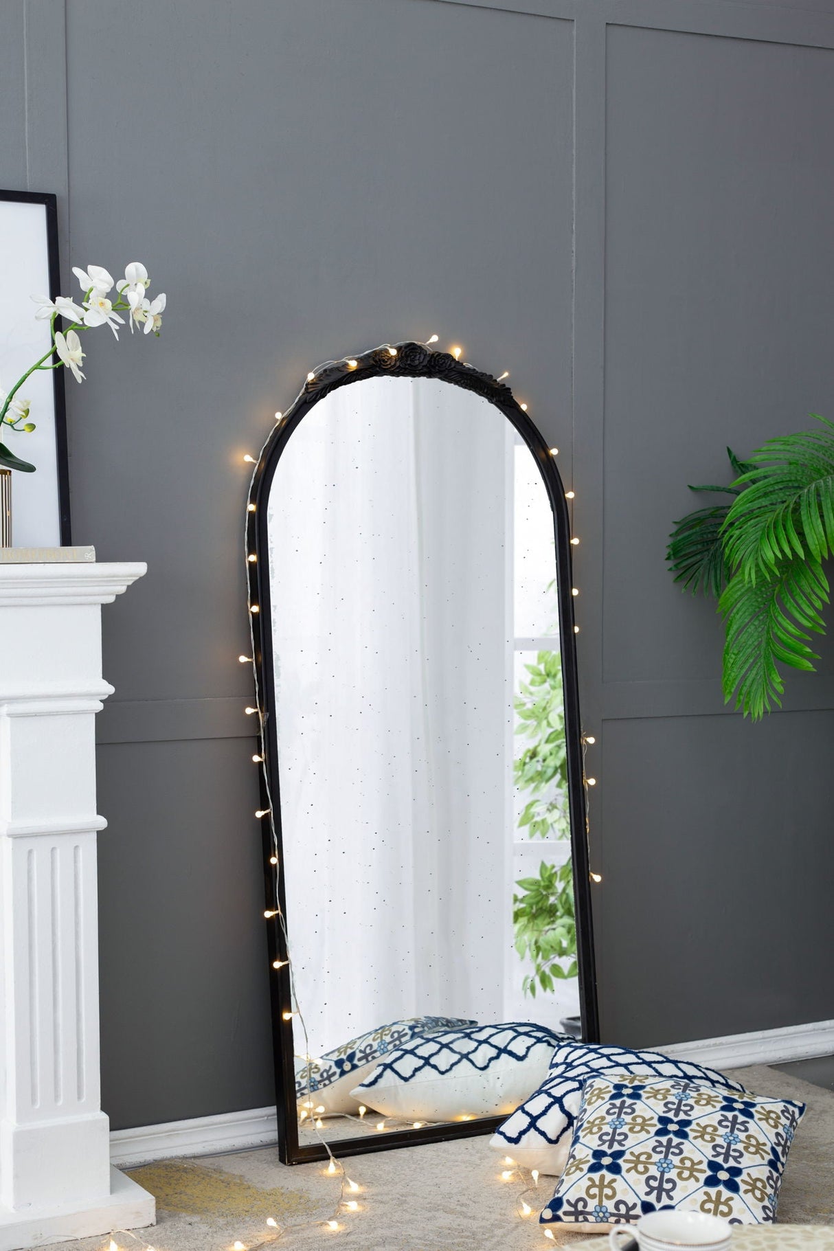 Hand Carved Rose Antique Mirror Frame, Wood Arch Mirror Wall Decor For Living Room
