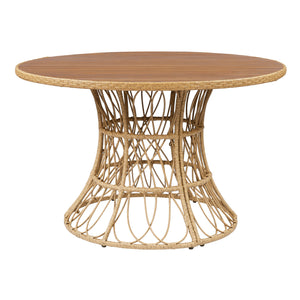 5-Piece Outdoor Dining Set: Teak Finish Round Acacia Wood Table & 4 Teak Finish Wicker Armchairs