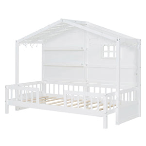 House Bed With Shelves, Window And Sparkling Light Strip On The Roof