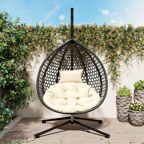 Black + Beige Hanging Chair with Adjustable Headrest and Iron Base