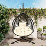 Black + Beige Hanging Chair with Adjustable Headrest and Iron Base