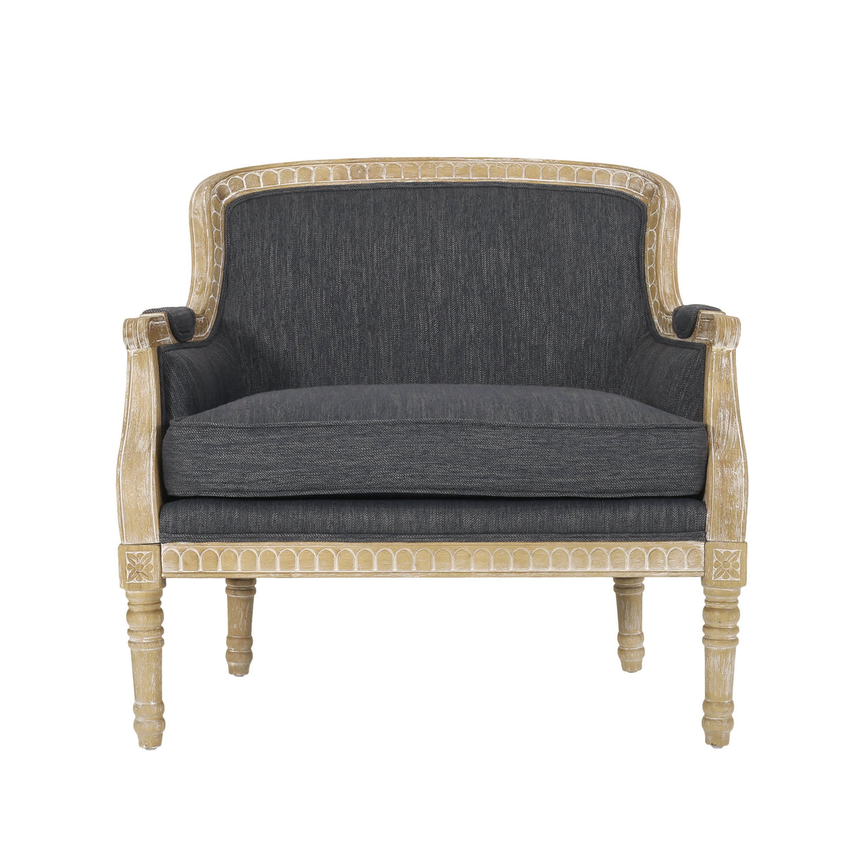 Becoming Upholstered Club Chair with Turned Leg and Carved Design