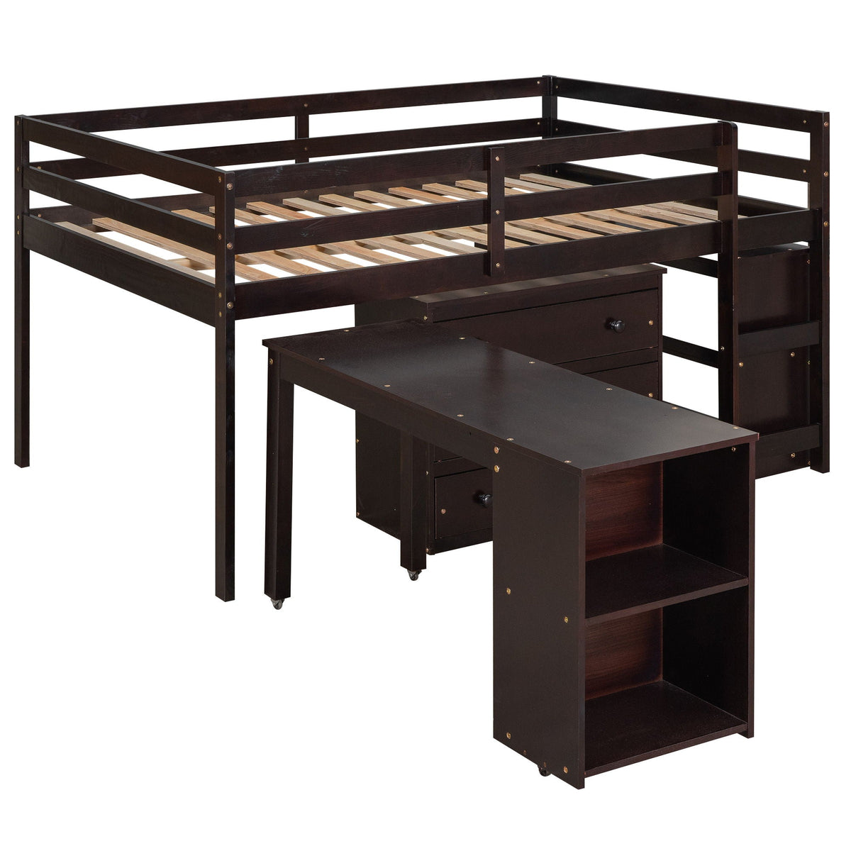 Loft Low Study Bed With Cabinet, Shelves And Rolling Portable Desk, Multiple Functions