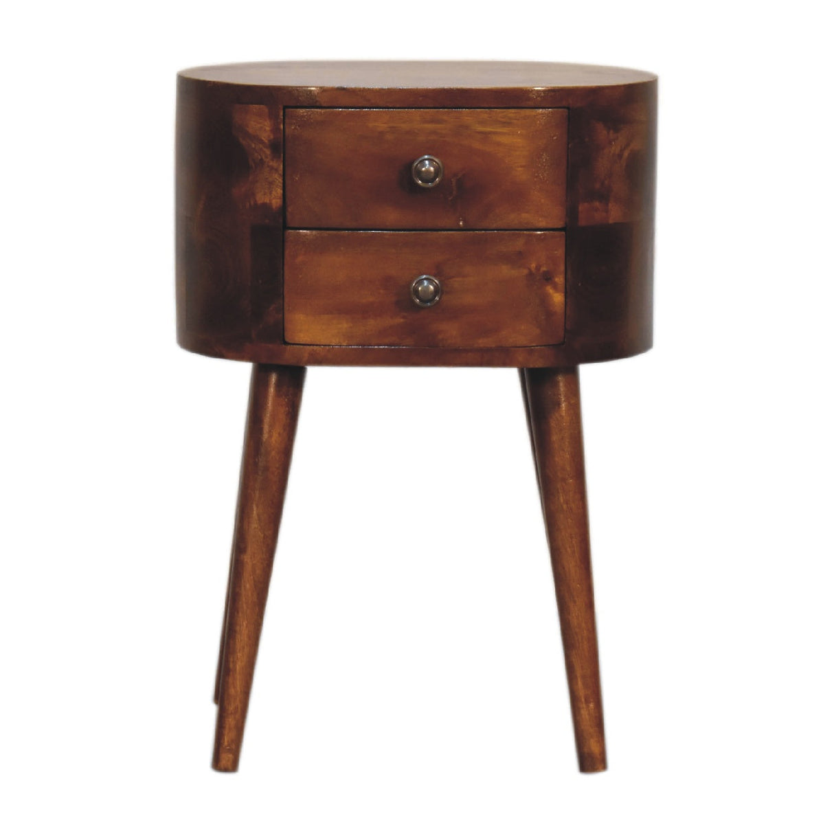 Solid Wood Mini Chestnut Rounded Nightstand, 2-Drawers, Nordic Legs
