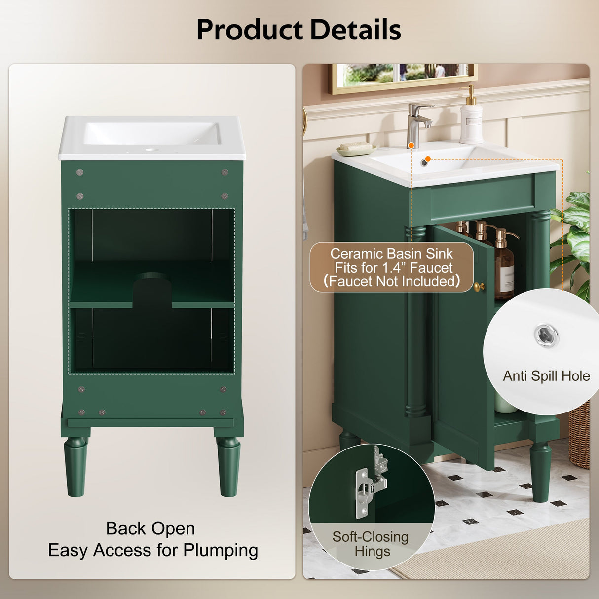 18" French Style Bathroom Cabinet with Storage