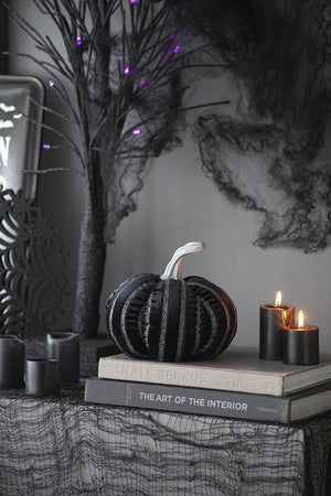 Set of 2, 7x7x7" Fabric Black Stripe Pumpkin Decor