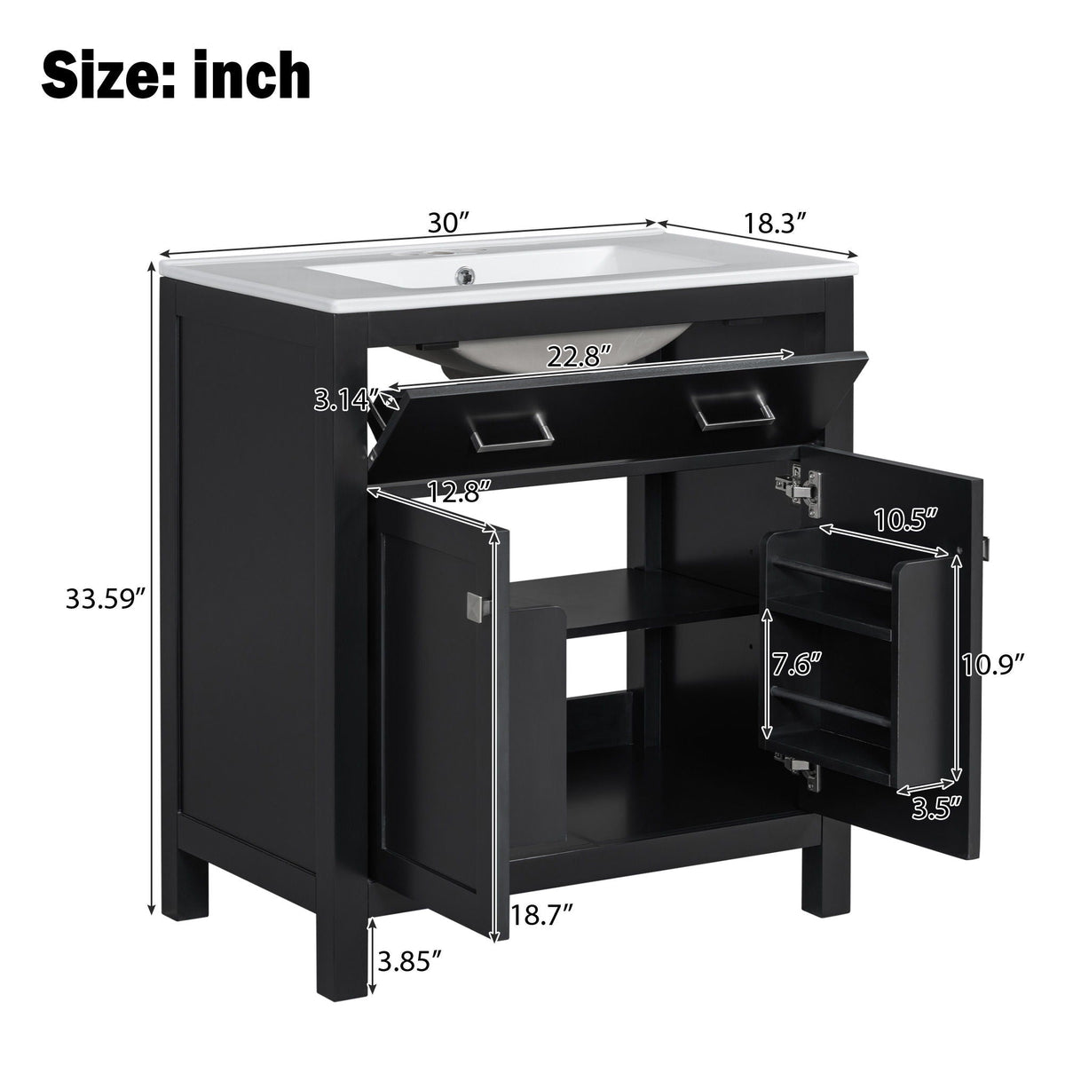Bathroom Vanity With Ceramic Sink, Modern Single Bathroom Cabinet With 2 Doors And A Shelf, Soft Close Doors