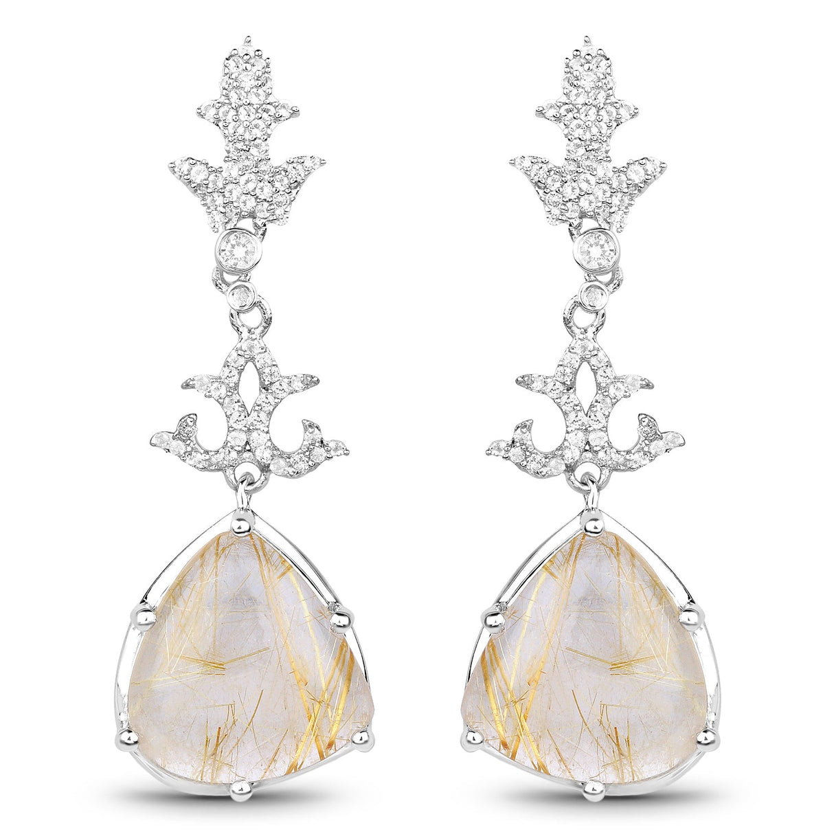 15.97 Carat Genuine Golden Rutile And White Topaz .925 Sterling Silver Earrings