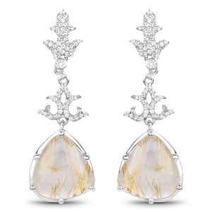 15.97 Carat Genuine Golden Rutile And White Topaz .925 Sterling Silver Earrings