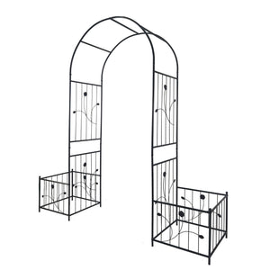 Metal Garden Arch With Two Plant Stands Wide High Climbing Plants Support Rose Arch Outdoor - Black