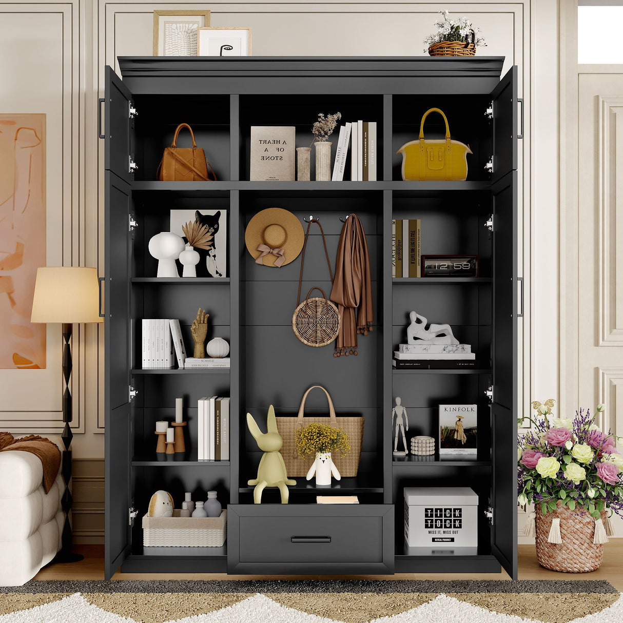 Hall Tree With Bench And 3 Hooks, Modern Entryway Storage Organizer Cabinet