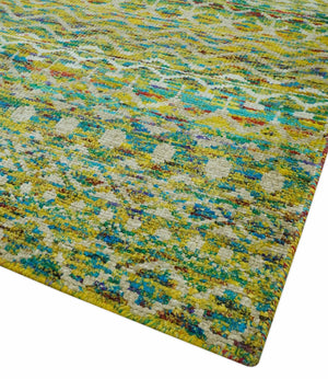 5.6x8.6 Hand Knotted Mustard, Teal and Ivory Southwestern Tribal Trellis wool Rug