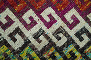 5.6x8.6 Ivory, Rust, Black and Mustard Greek key design Hand Knotted wool area rug