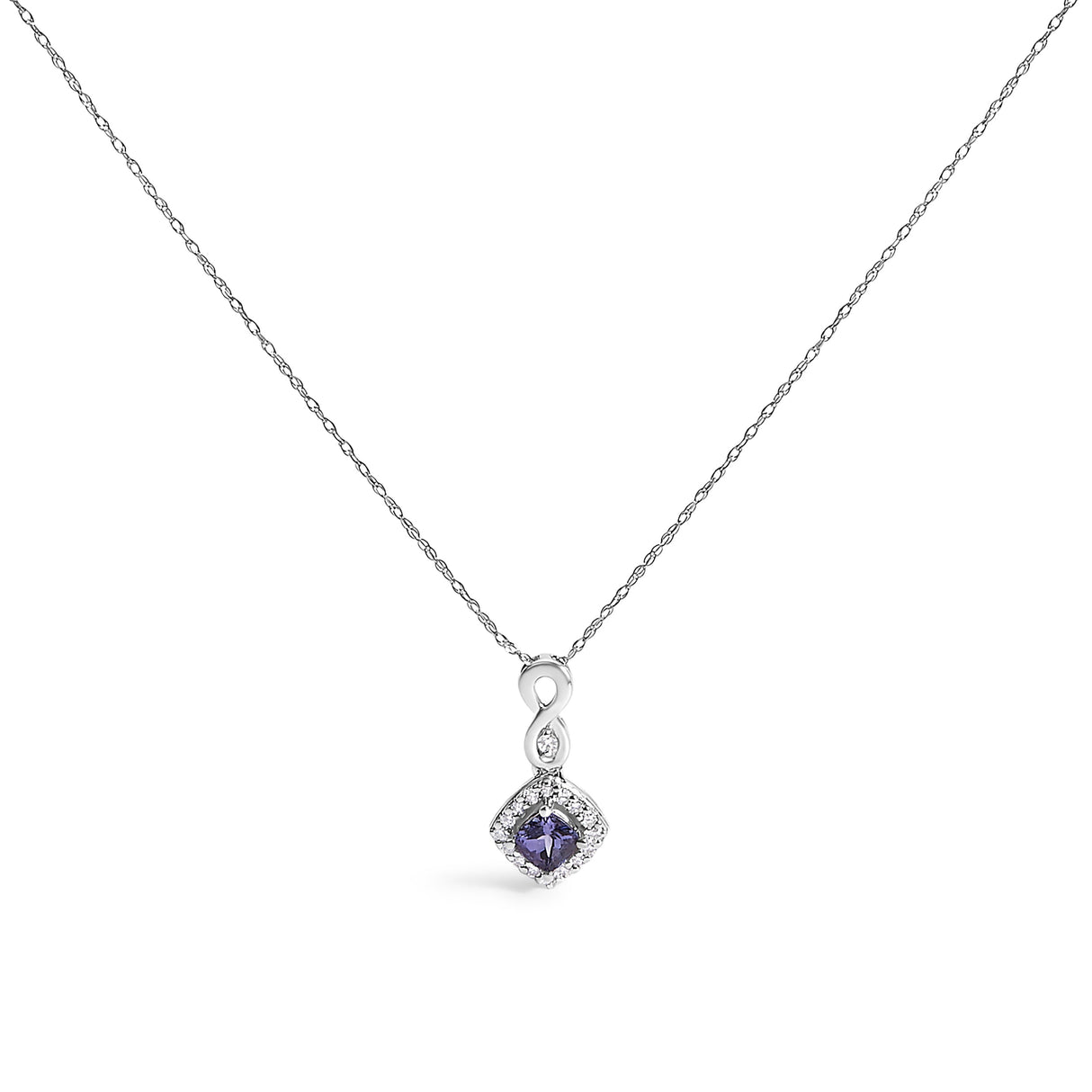 10K White Gold Blue Purple Tanzanite and Diamond Accent Cushion Drop Pendant Necklace - 18" Inches