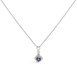 10K White Gold Blue Purple Tanzanite and Diamond Accent Cushion Drop Pendant Necklace - 18" Inches